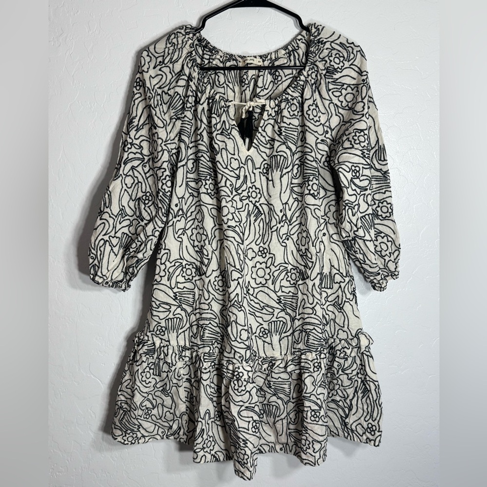 Marine Layer Embroidered Bird Floral Puff Sleeve Boho Mini‎ Dress Tencel Linen